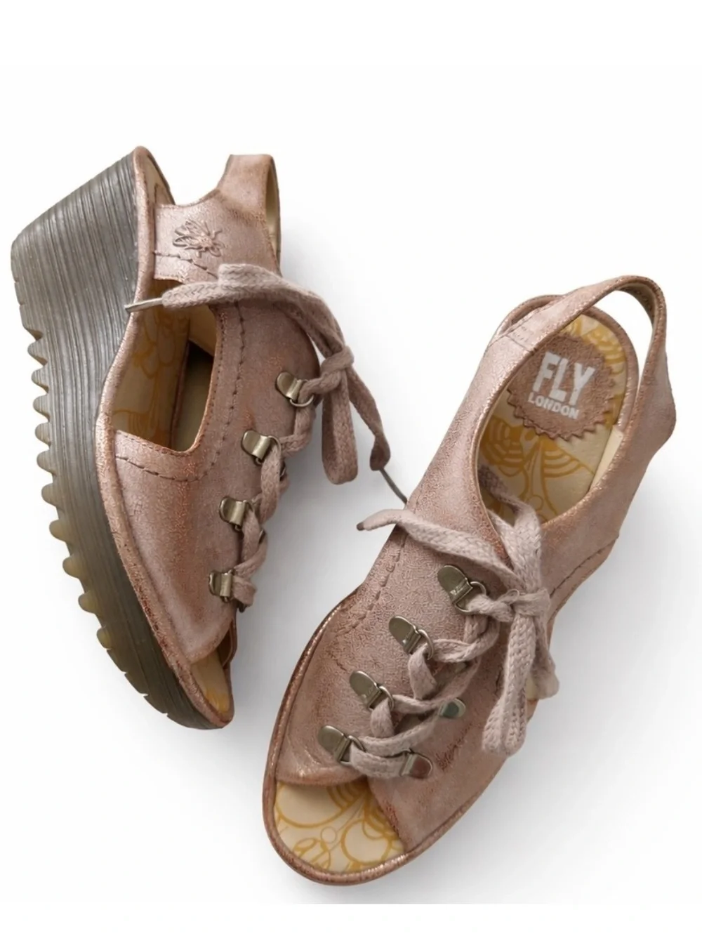 Fly London YIfa Luna rose gold wedge sandals shoes lace boho